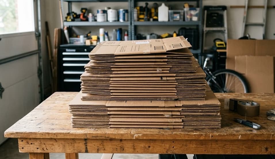 A wooden workbench in a Denver garage stacked with folded corrugated boxes and a roll of tape — the original Denver Eco Boxes operation.