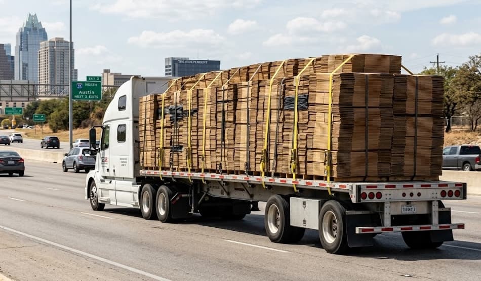 A flatbed semi-trailer loaded with reclaimed corrugated bales rolling out from Denver Eco Boxes.